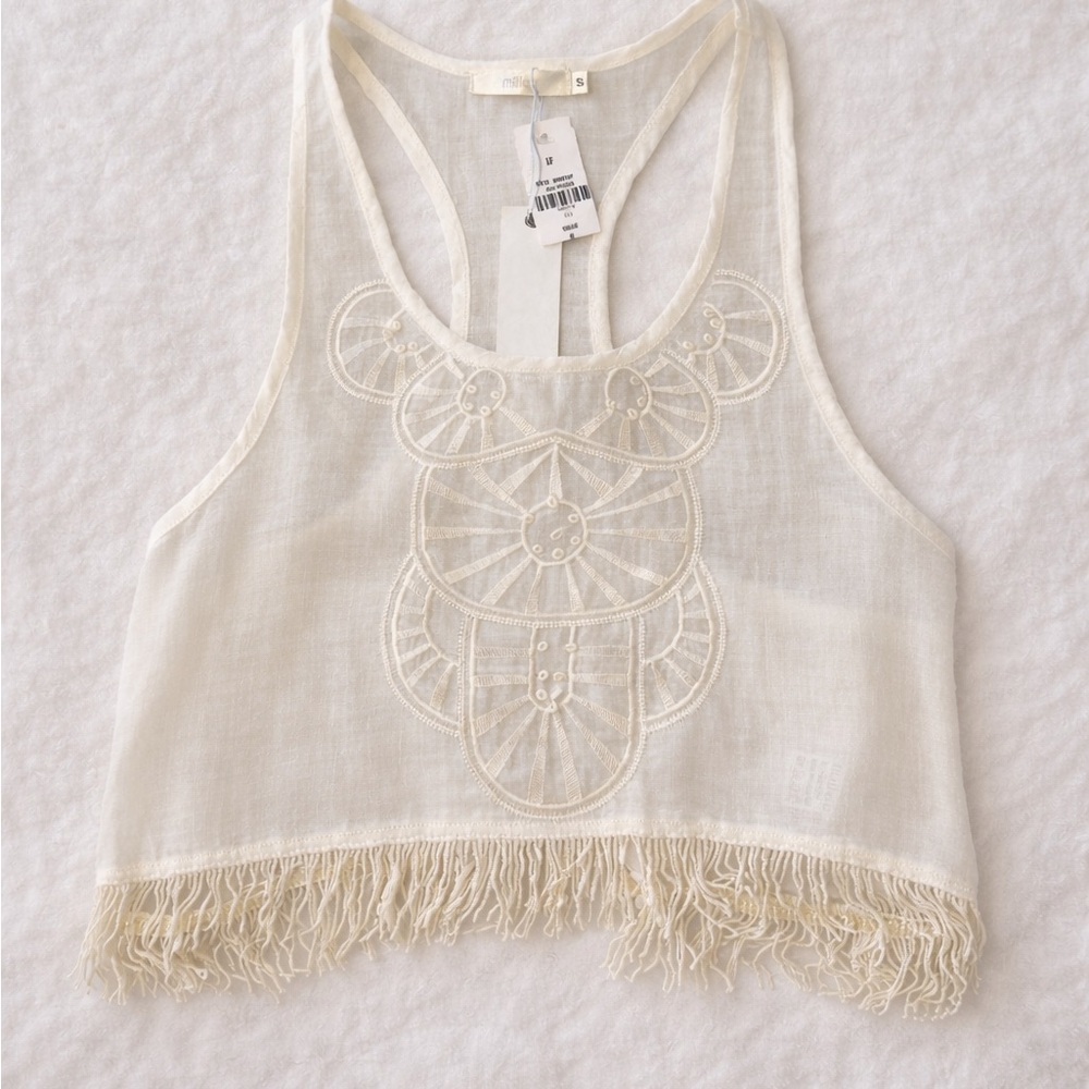 White Boho Fringe Tank Embroidered Lace Sheer Festival Coachella Top